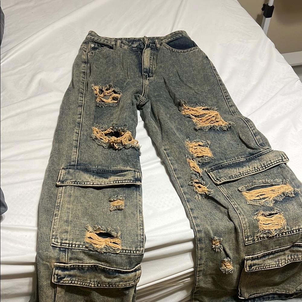 Distressed Denim Cargo Pants